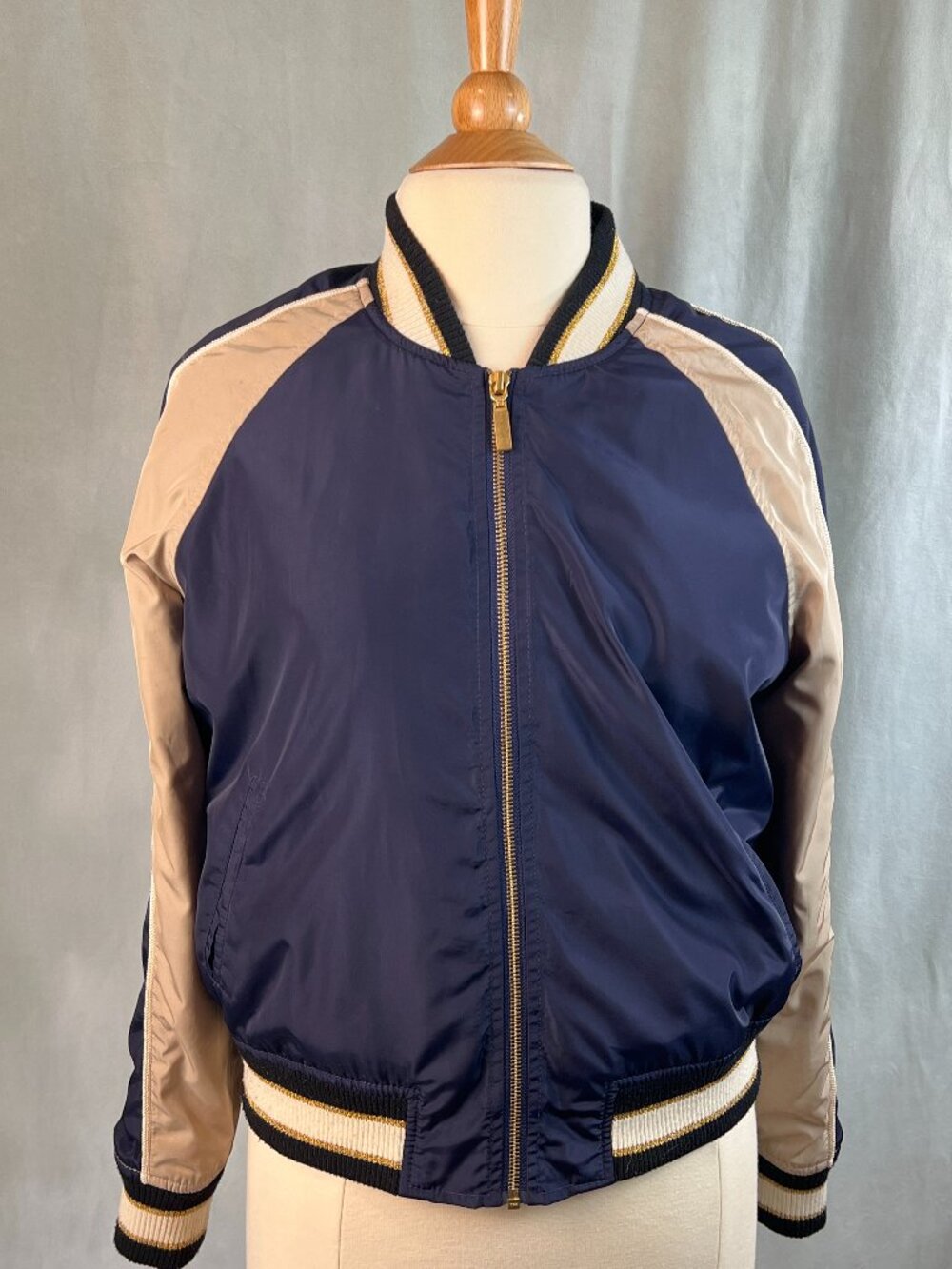 Nordstroms BP Blue & Tan Full Zip Bomber Jacket with Metallic Trim Size S